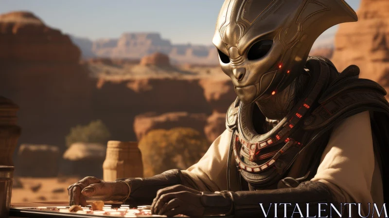 AI ART Alien in Desert Landscape Playing Game with Golden Mask
