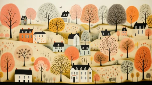 Autumn Village Artwork: Folk-Inspired Illustration in Light Pink and Orange