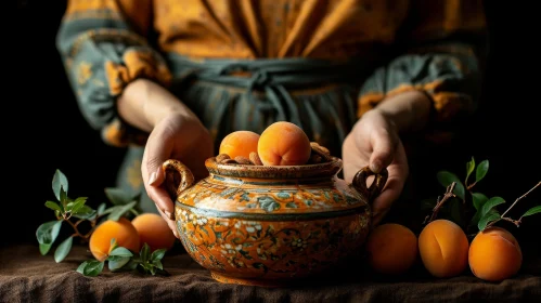Captivating Still Life: Woman Holding Ceramic Bowl with Apricots and Almonds
