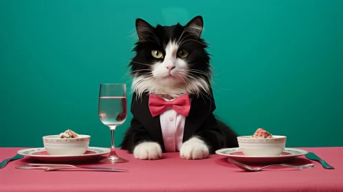 Charming Black and White Cat at Table Setting