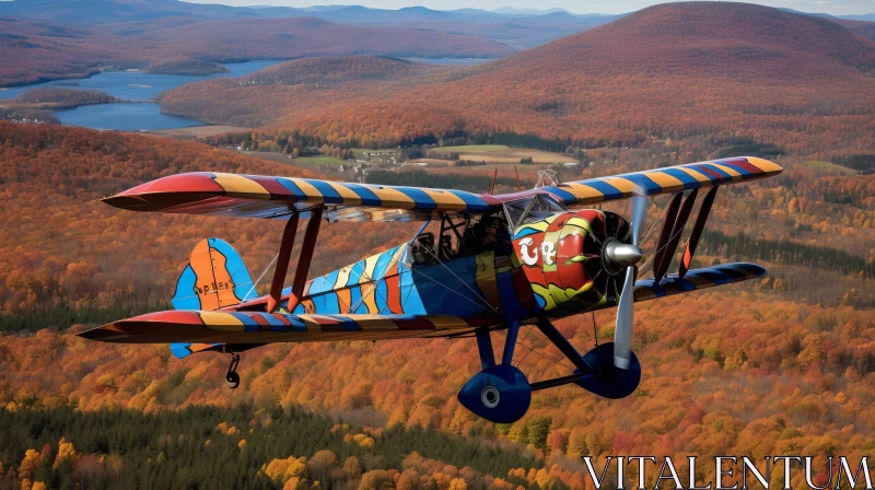 Colorful Biplane Flying Over Autumn Landscape AI Image