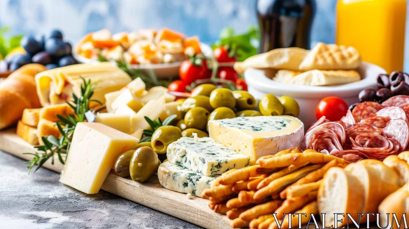 Delicious Assortment of Cheeses, Olives, and Breadsticks on a Wooden Cutting Board AI Image
