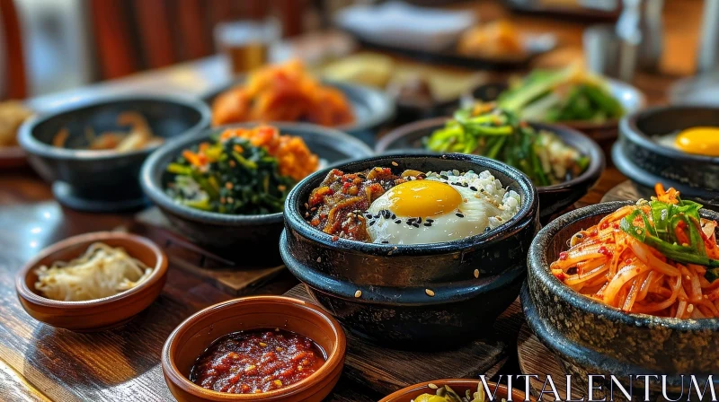 AI ART Delicious Korean Meal: Rice, Fried Egg, and Side Dishes on Wooden Table