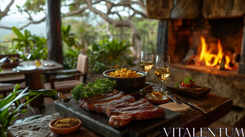 Delicious Steak Dinner by the Cozy Fireplace - Rustic Ambiance AI Image