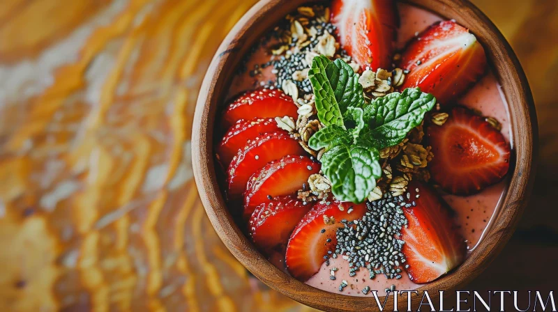 AI ART Delicious Strawberry Smoothie in a Wooden Bowl - Artistic Food Photography