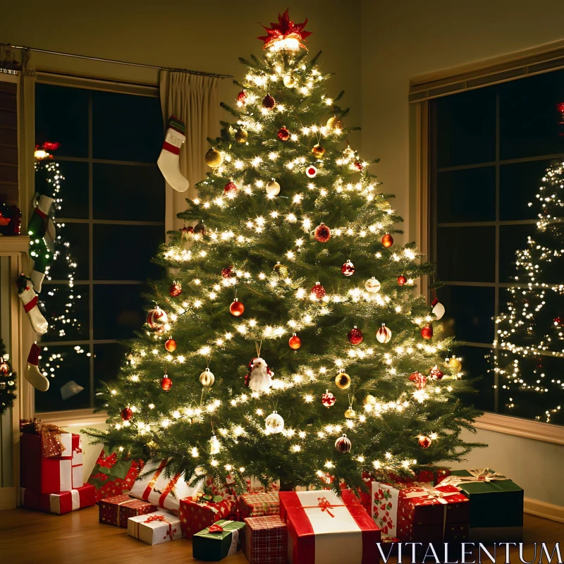 Festive Christmas Tree with Ornaments and Gifts AI Image