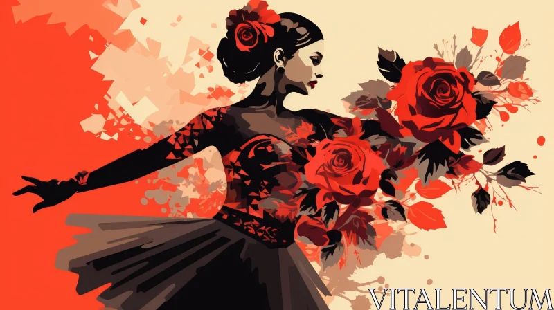 AI ART Elegant Flamenco Dancer Illustration with Red Roses