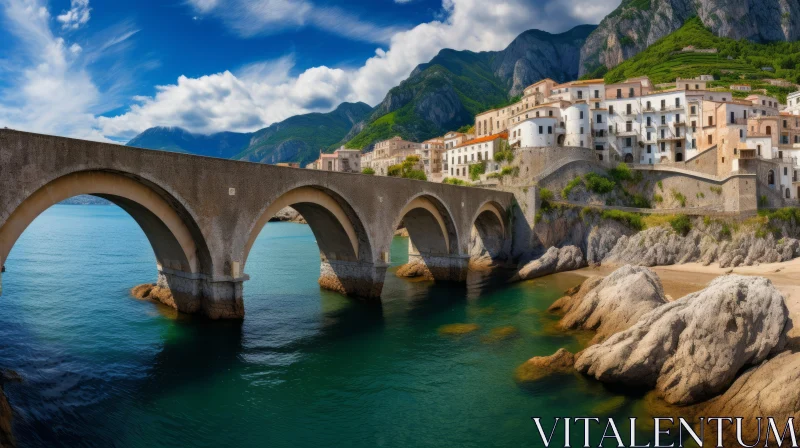 Italianate Landscape with Ancient Bridge and Coastal Cityscape AI Image