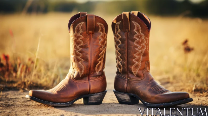 Pair of Brown Cowboy Boots on Grass - American Regionalism AI Image