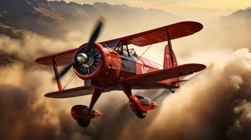 Red Biplane Flying in Cloudy Sky with Mountains - Unique Perspective