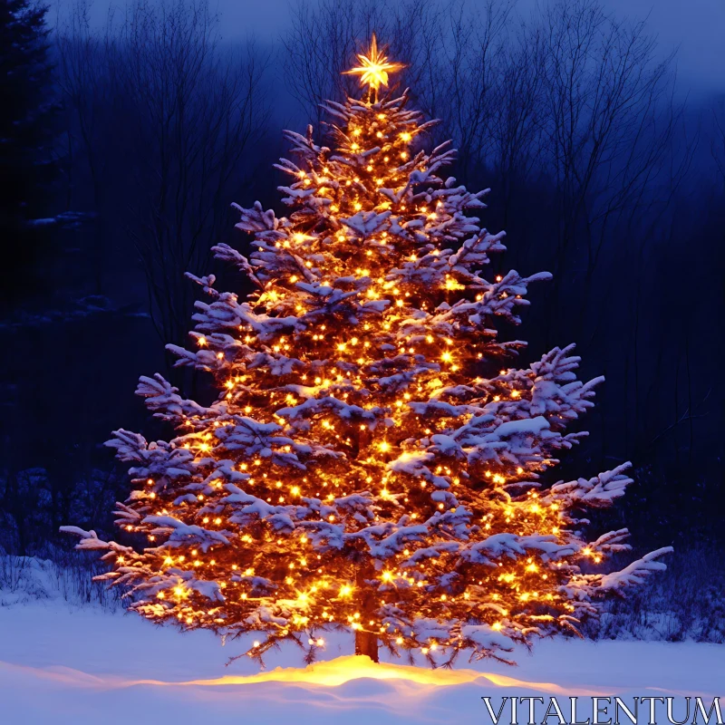 Snow-Covered Festive Christmas Tree AI Image