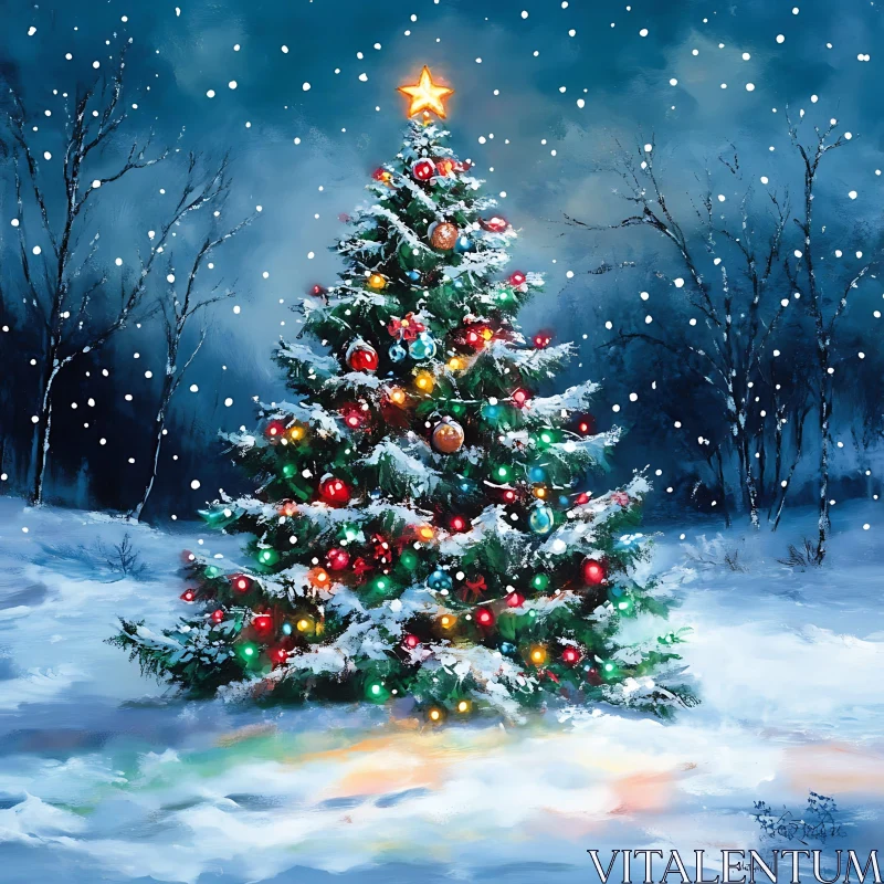 Festive Outdoor Christmas Tree with Snow AI Image