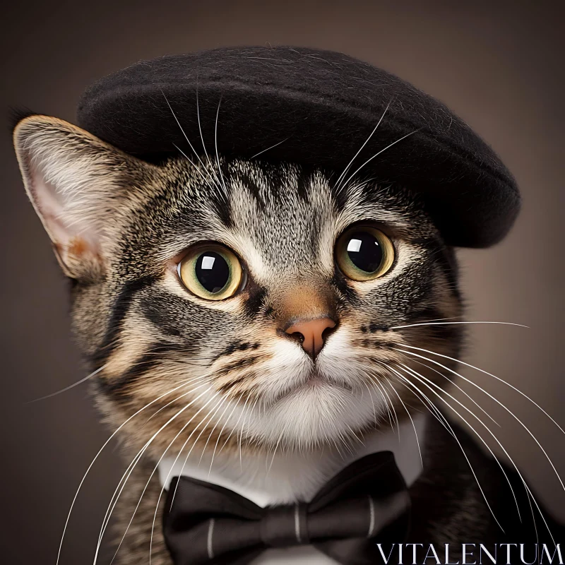 Charming Cat with Beret and Bowtie Close-Up AI Image