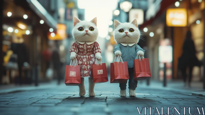 AI ART Cute Cats with Shopping Bags in a City Street