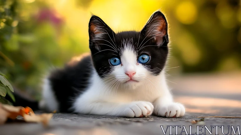 Charming Blue-Eyed Kitten on Stone Pathway AI Image