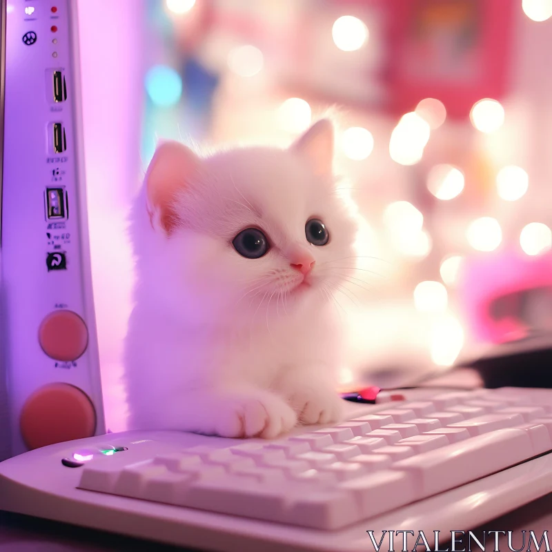 Cute Fluffy Kitten with Glowing Lights Background AI Image