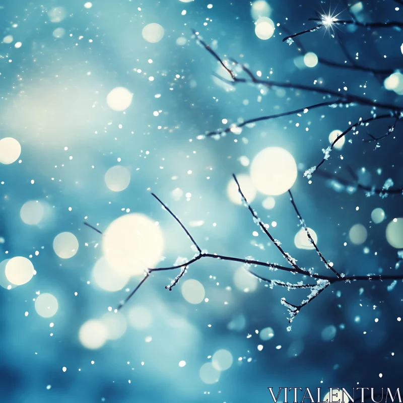 Serene Snowy Scene with Bare Branches and Light Effects AI Image