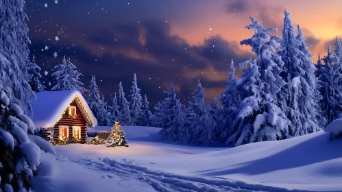 Winter Night with Snowy Forest and Christmas Cabin