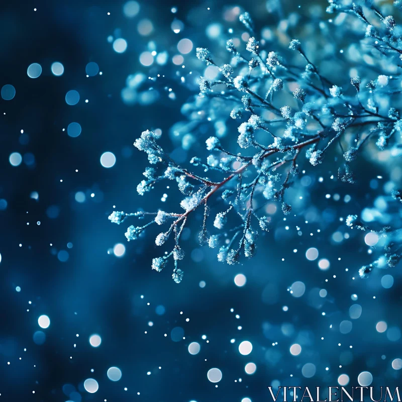 Frosted Winter Branch with Snowflakes and Blue Bokeh AI Image