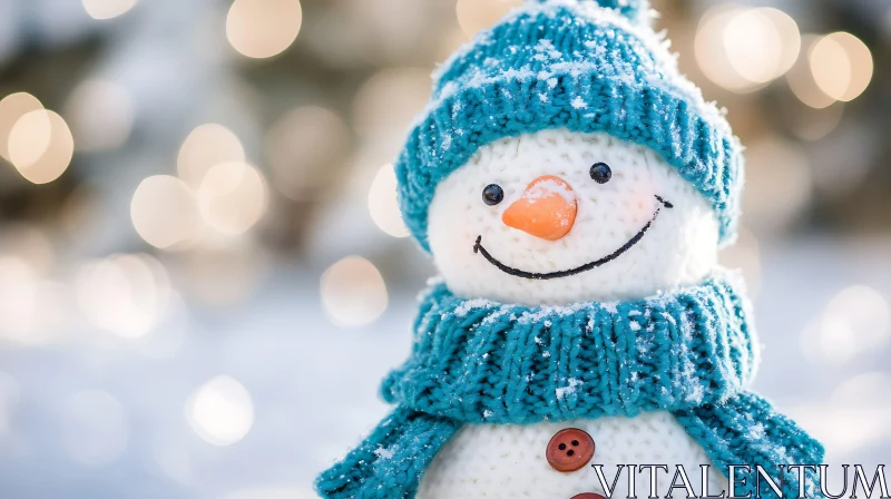 Snowman with Knitted Teal Hat and Scarf in Winter Wonderland AI Image