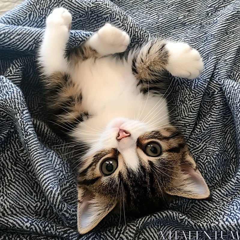 Cute Kitten Lying Playfully on Blanket AI Image