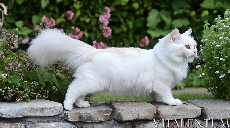 Elegant White Cat in a Flower Garden AI Image