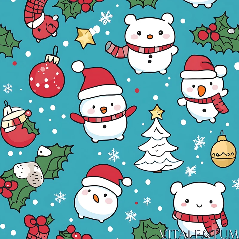 Holiday Cartoon Characters and Snowman Pattern AI Image