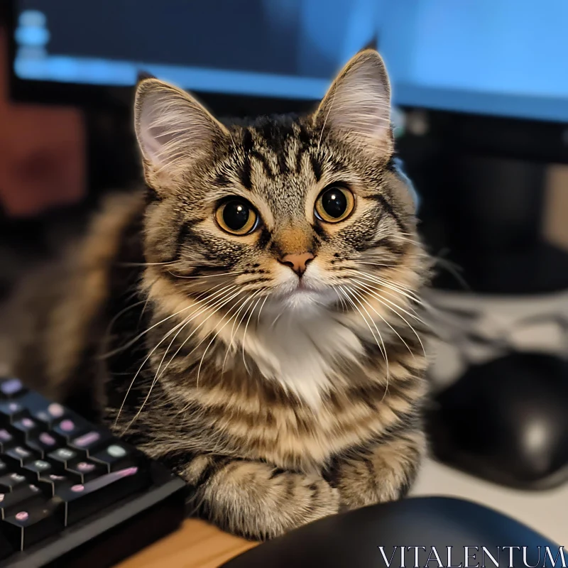 Charming Tabby Cat Next to Computer AI Image