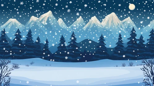 Winter Wonderland with Majestic Mountains and Moonlit Snowfall