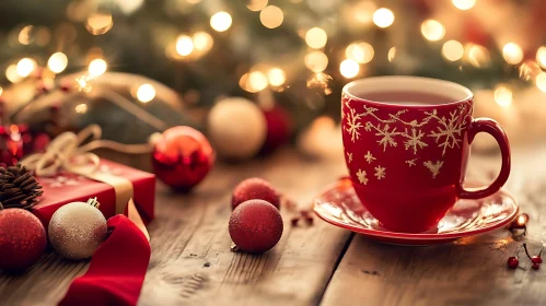 Festive Red Mug on Rustic Table with Christmas Decor