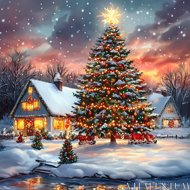 Festive Winter Wonderland with Illuminated Cottage and Tree AI Image