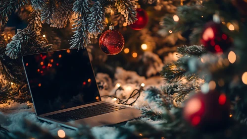 Festive Christmas Decorations Surrounding a Laptop