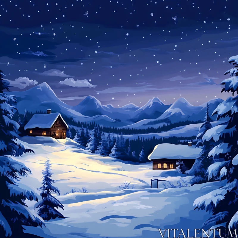 Serene Winter Night with Snow-Covered Cabins AI Image