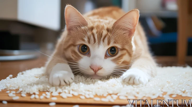 Playful Tabby Cat Relaxing on Rice AI Image