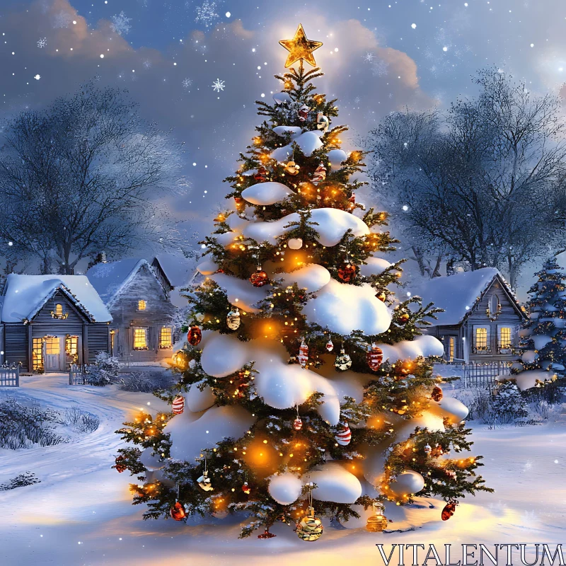 Snow-Covered Christmas Tree with Ornaments and Lights AI Image