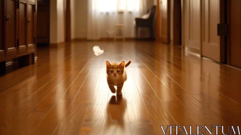 Adorable Ginger Kitten Running with Feather - Photo AI Image