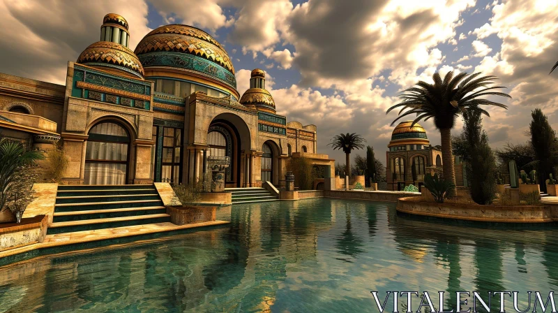 AI ART Ancient Arabian Palace with Lush Gardens and Pool