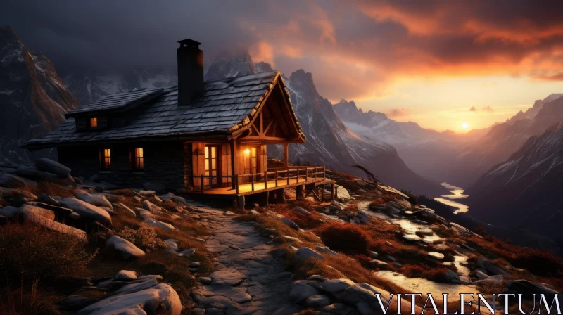 Cabin at Sunset: An Atmospheric Mountain Escape AI Image