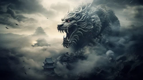 Dark Fantasy Dragon Illustration Over Ruined Temple