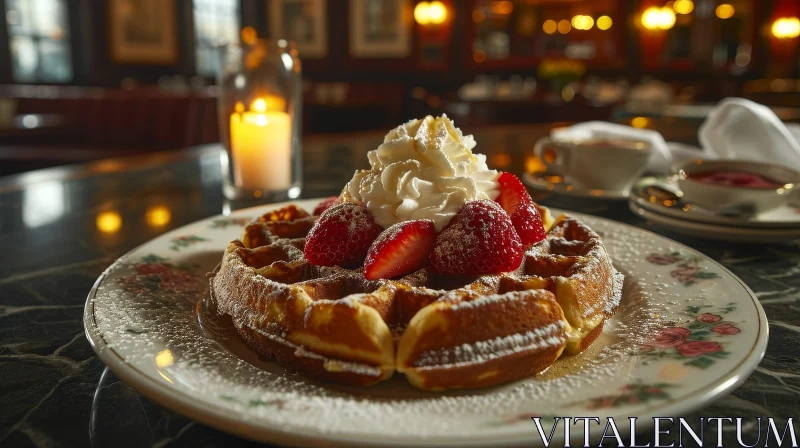 Delicious Golden Brown Waffles with Fresh Strawberries and Whipped Cream AI Image