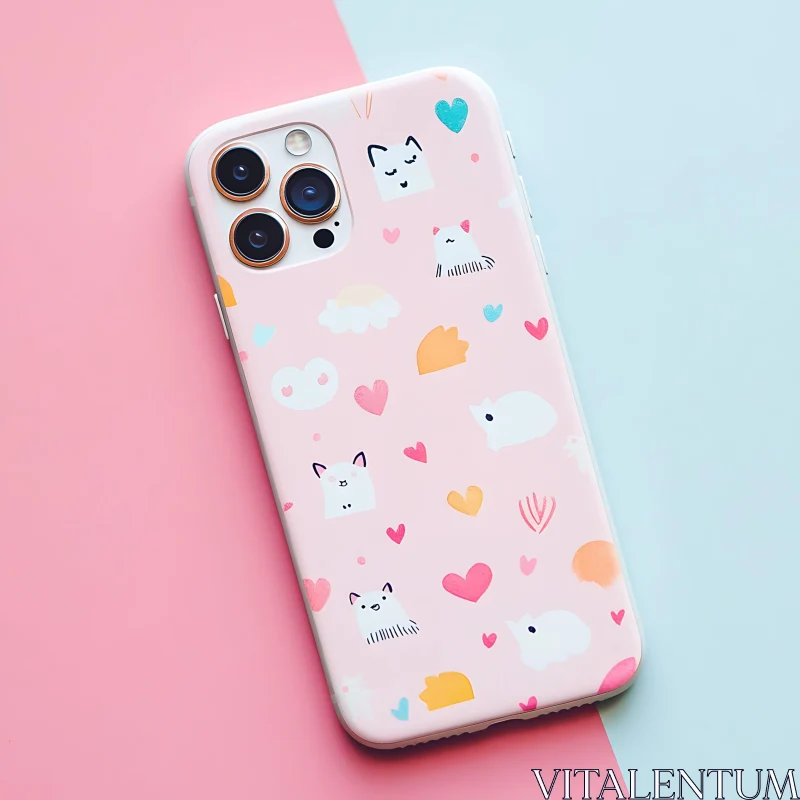 Adorable Pink Smartphone Case with Cartoon Animals and Hearts AI Image