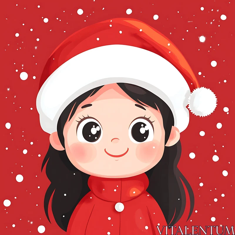 Festive Cartoon Girl in Red Santa Hat AI Image