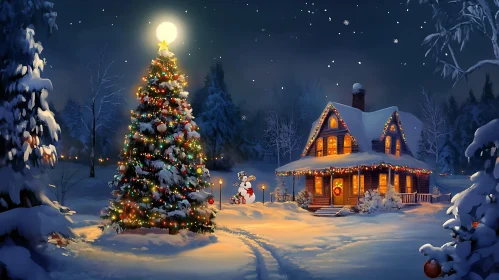 Festive Winter Night with Illuminated House and Christmas Tree