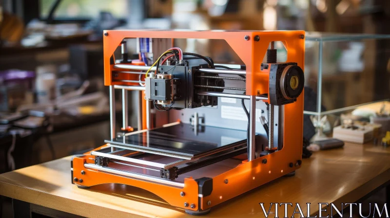 Orange 3D Printer on Wooden Table AI Image