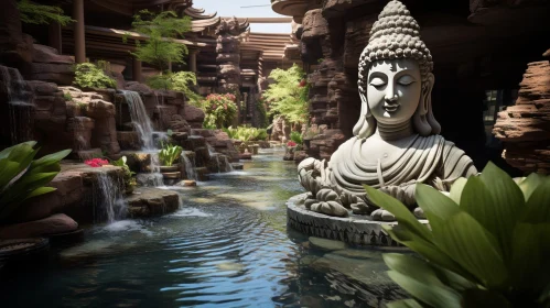 Tranquil Buddha Statue in Lush Garden