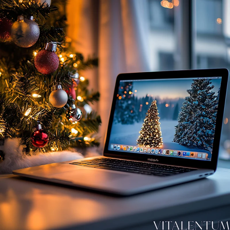 Festive Holiday Scene with Christmas Decorations and Laptop AI Image