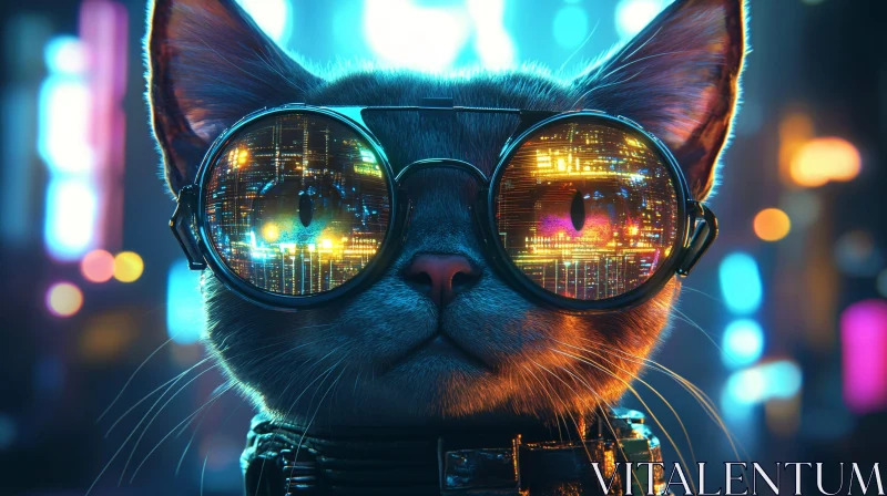 Cyberpunk Cat with Reflective City Glasses AI Image