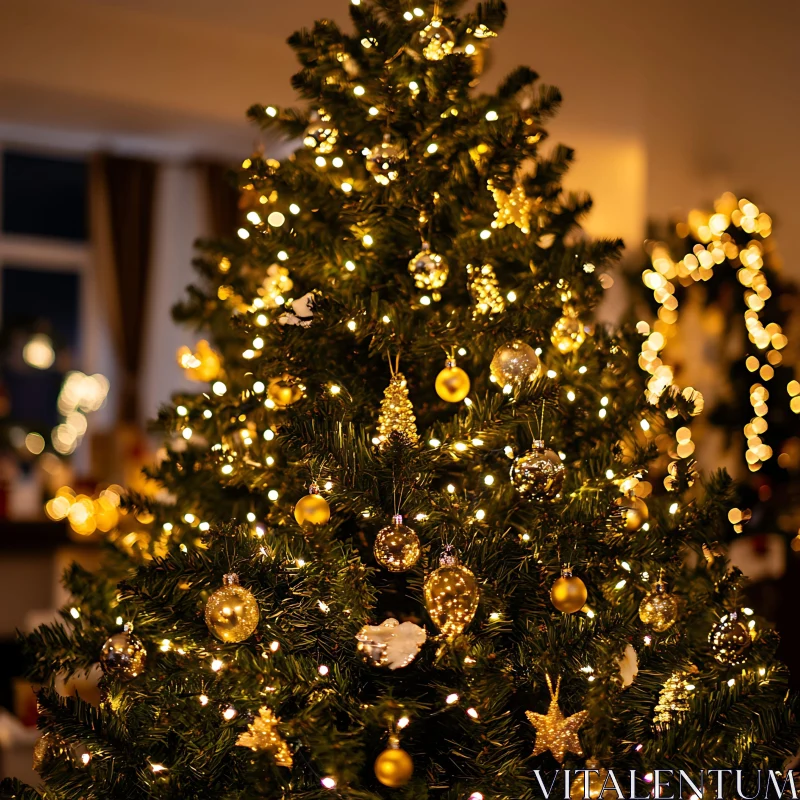 Christmas Tree with Festive Golden Decorations AI Image