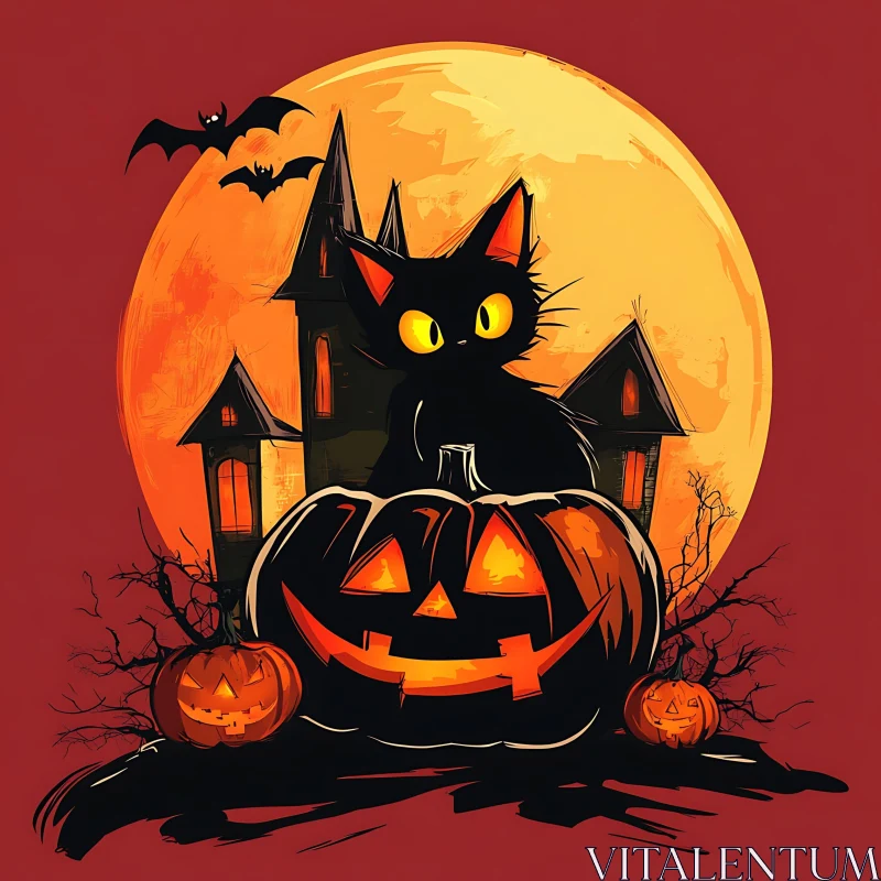 Spooky Halloween Scene with Black Cat and Pumpkins AI Image