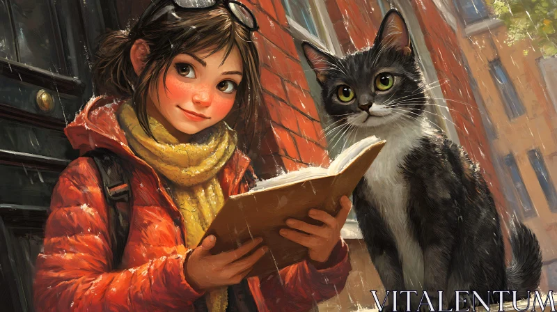 Serene Moment of Reading with Cat AI Image